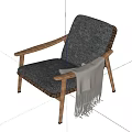 Herringbone Pattern Woven Lounge Chair In Gray With Wooden Frame And Throw Blanket Tassels