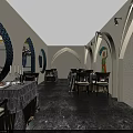 Elegant Restaurant Interior With Arched Doorways Mural Art And Dining Tables