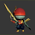 Cartoon Game Animation Character With Red Yellow Horned Helmet Swirl Patterned Eyes Lightning Blade Weapons