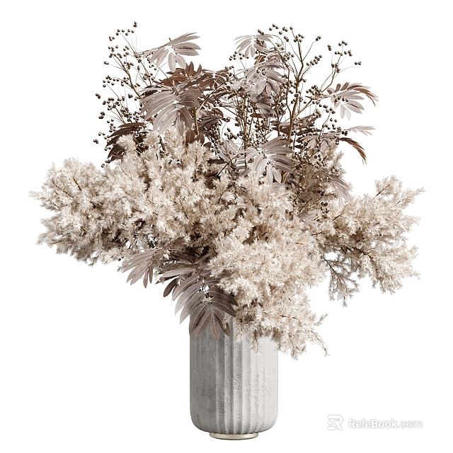 Minimalist White Ceramic Vase With Dried White Flowers And Brown Foliage For Home Decor 3d model 