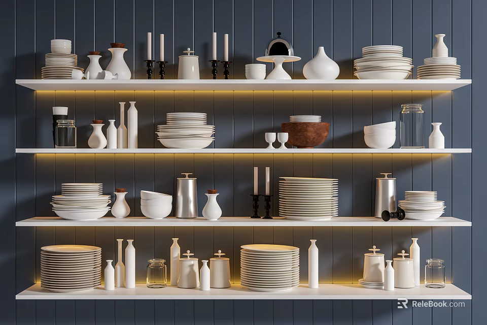White Tableware Set Organized and Displayed on Multiple Shelves Against Dark Blue Wall 3d model 