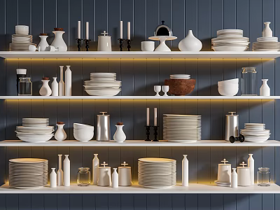 White Tableware Set Organized and Displayed on Multiple Shelves Against Dark Blue Wall 3d model