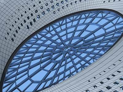 Modern Building Exterior Wall With Oval Glass Skylight Gray Tiles And Square Perforations 3d model