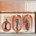 Elegant Window Display With Curved Metallic Frames Female Silhouettes And Warm Lighting 3d model