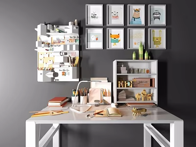Decorative Ornament Collection On Desk With Wall Framed Art Storage Shelf And Stationery 3d model