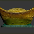 Traditional Gold Ingot Shaped Jewelry with Intricate Carved Characters on Green Display Base