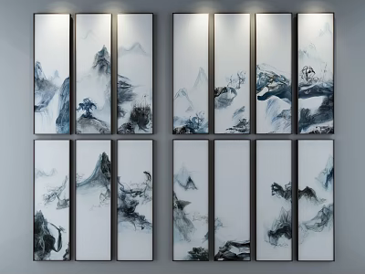 Traditional Chinese Ink Landscape Paintings Featuring Mountain River Scenery On Wall Panels 3d model
