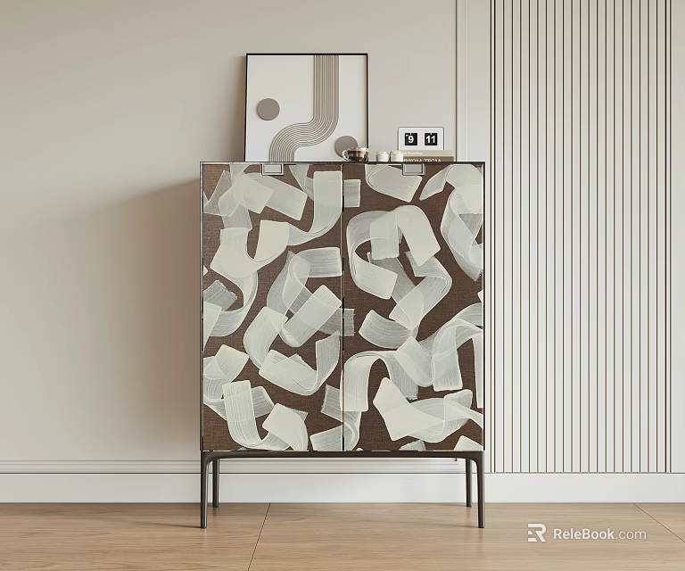 Modern Entryway Console Cabinet With Geometric Pattern Design And Metal Legs Holding Decorative Frames 3d model