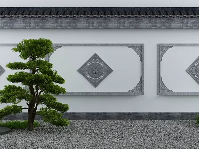 Building Exterior Wall With White Surface Gray Diamond Reliefs Black Tiled Roof And Pine Tree 3d model