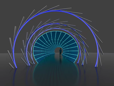 Illuminated Modern Tunnel With Curved Structure Blue Lighting And Person Inside 3d model
