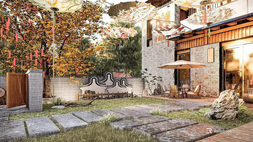Traditional Guesthouse Architecture With Courtyard Stone Pathways Outdoor Seating And Greenery 3d model 