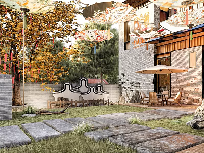Traditional Guesthouse Architecture With Courtyard Stone Pathways Outdoor Seating And Greenery 3d model
