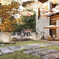 Traditional Guesthouse Architecture With Courtyard Stone Pathways Outdoor Seating And Greenery
