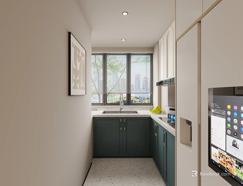 Modern Minimalist Kitchen Interior With Dark Green Cabinets Light Walls And Window Blinds 3d model 