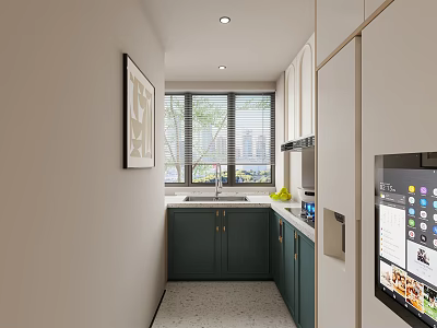 Modern Minimalist Kitchen Interior With Dark Green Cabinets Light Walls And Window Blinds 3d model