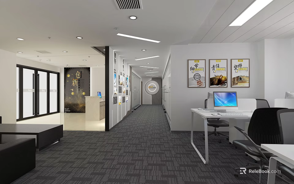 Public Office Space With Open Layout Work Desks Computers Chairs Wall Posters And Grey Carpet 3d model