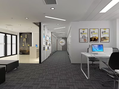 Public Office Space With Open Layout Work Desks Computers Chairs Wall Posters And Grey Carpet 3d model
