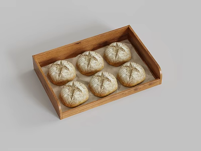 Six Freshly Baked Flour Dusted Bread Rolls in Wooden Serving Tray 3d model