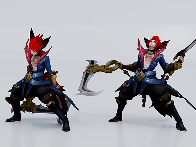 Man With Red Hair In Blue Outfit Wielding Scythe And Sword In Dynamic Poses 3d model