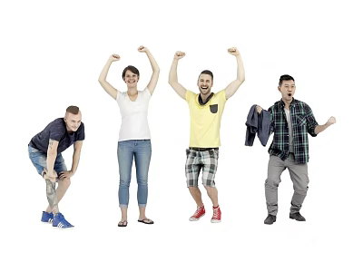 Men In Active Poses With Raised Arms And Various Energetic Postures On White Background 3d model