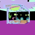 Dinosaur Themed Children's Playground With Blue Canopy Round Decorations Tables Chairs And Dinosaur Models