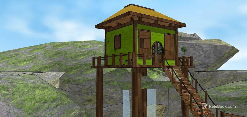 Roadside Elevated Green Rest Cabin With Yellow Roof Wooden Structure And Staircase Railing 3d model 