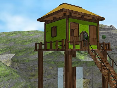 Roadside Elevated Green Rest Cabin With Yellow Roof Wooden Structure And Staircase Railing 3d model