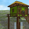 Roadside Elevated Green Rest Cabin With Yellow Roof Wooden Structure And Staircase Railing