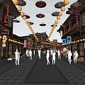 Traditional Commercial Street With Chinese Architecture Pedestrians Lanterns Tea Signs And Evening Sky