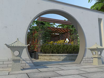 Traditional Garden Landscape With Circular Archway Wooden Pergola Green Plants Yellow Flowers And Stone Lanterns 3d model
