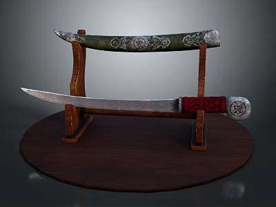 Traditional Decorative Weapon with Long Silver Blade Red Handle Ornate Sheath on Wooden Display Stand 3d model