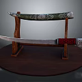 Traditional Decorative Weapon with Long Silver Blade Red Handle Ornate Sheath on Wooden Display Stand