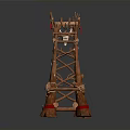 Intricate Wooden Tower Structure With Intertwined Sticks Ropes And Red Bands