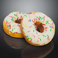Delicious Donuts Topped With White Frosting And Colorful Sprinkles On Reflective Black Surface