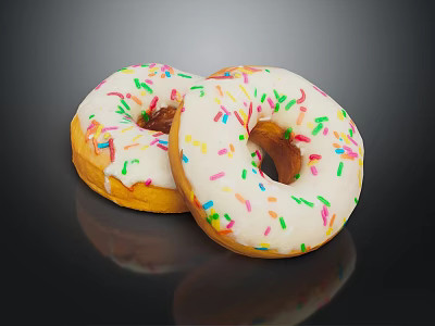 Delicious Donuts Topped With White Frosting And Colorful Sprinkles On Reflective Black Surface 3d model