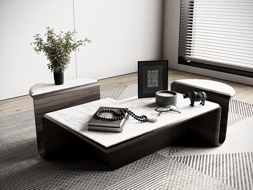 Elegant Coffee Table with Marble Top Wooden Base Potted Plant Vintage Telephone and Picture Frame 3d model 
