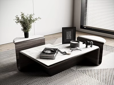 Elegant Coffee Table with Marble Top Wooden Base Potted Plant Vintage Telephone and Picture Frame 3d model