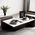 Elegant Coffee Table with Marble Top Wooden Base Potted Plant Vintage Telephone and Picture Frame