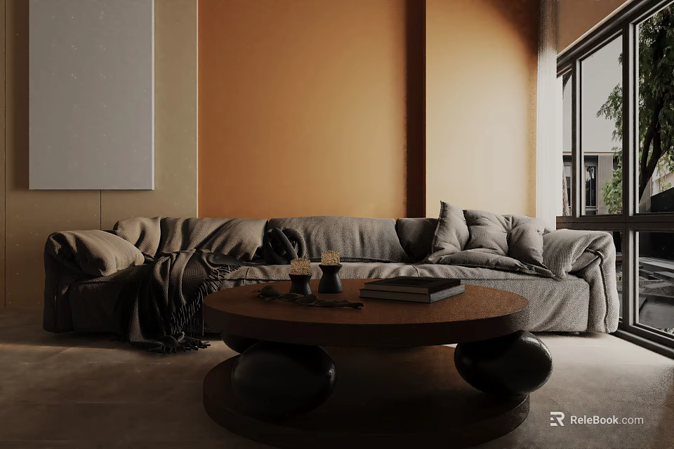 Cozy Gray Three-Seater Sofa In Modern Living Room With Round Coffee Table And Plush Cushions 3d model 