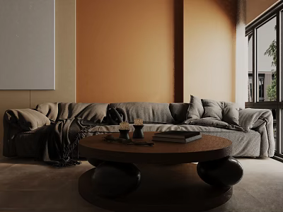 Cozy Gray Three-Seater Sofa In Modern Living Room With Round Coffee Table And Plush Cushions 3d model