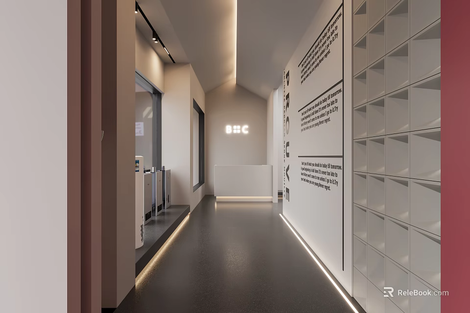 Modern Corridor Interior Design With White Walls Typography Storage Shelves And Lighting 3d model 