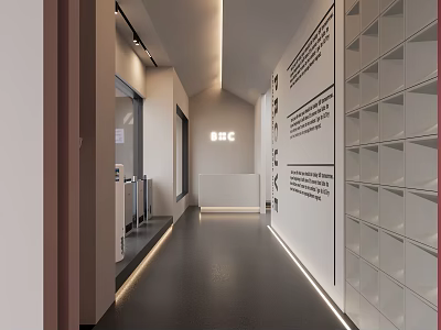 Modern Corridor Interior Design With White Walls Typography Storage Shelves And Lighting 3d model