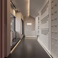 Modern Corridor Interior Design With White Walls Typography Storage Shelves And Lighting