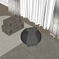Gray Footstool with Striped Scarf and Luggage Cases on Wooden Floor