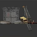 Construction Site Scene With Crane Metal Frame Damaged Car And Collapsed Parts