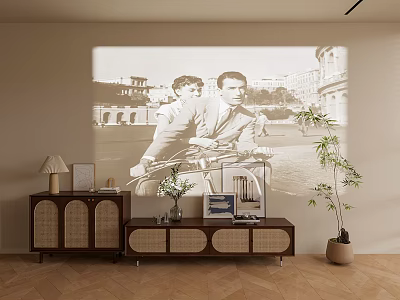 TV Stand With Wicker Panels Wall Projection Table Lamp Photo Frames Vase And Plant 3d model