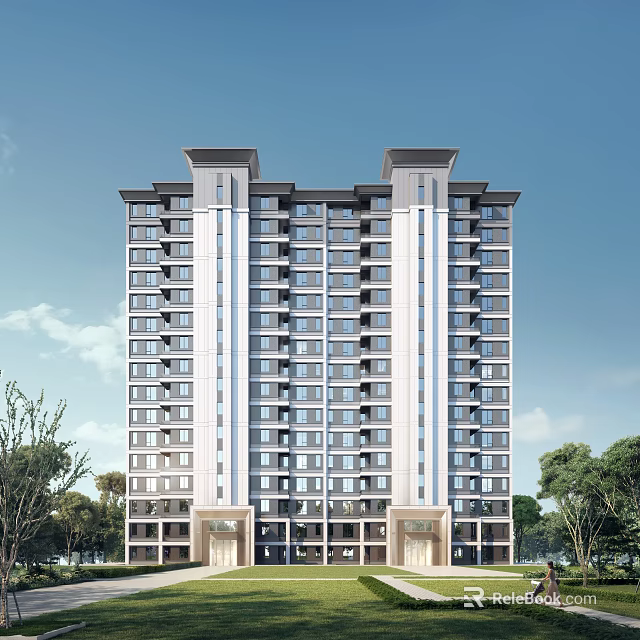 Modern High Rise Residential Building With Multiple Windows Green Trees And Blue Sky Background 3d model 