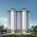Modern High Rise Residential Building With Multiple Windows Green Trees And Blue Sky Background