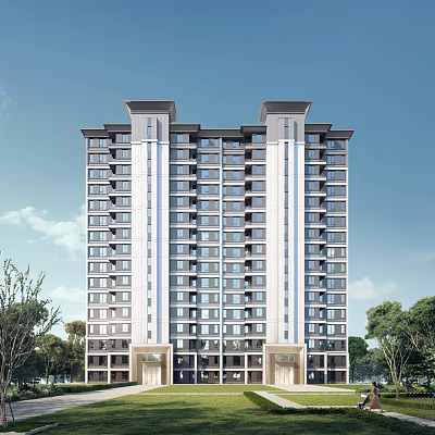 Modern High Rise Residential Building With Multiple Windows Green Trees And Blue Sky Background 3d model