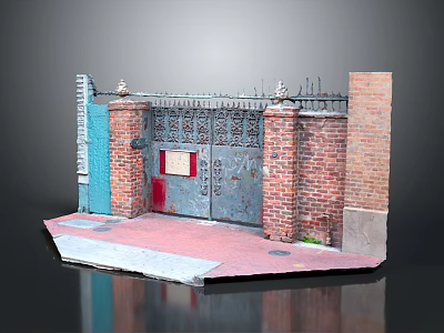Architectural Scene Structure With Brick Walls Iron Gate Pillars And Red Door Platform 3d model